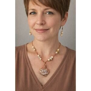 Copper Dolomite 20" Necklace & Earrings Set 1 1/2" Oval cabochon copper wire